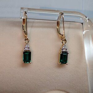 Emerald and Diamond 14k yellow gold lever back earrings